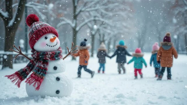 A cheerful snowman with a red hat and scarf stands in the foreground, while children in colorful winter clothes play in the snowy background. Falling snow.

