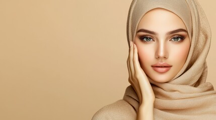 Elegant Woman with Natural Makeup and Soft Hijab on Beige Background