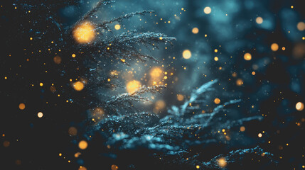 Fototapeta premium Captivating Blue and Gold Bokeh Lights Abstract Background Creating a Magical Atmosphere with Glowing Particles and Delicate Foliage Elements
