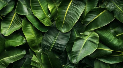A dense arrangement of green tropical leaves, showcasing their textures and vibrant colors.