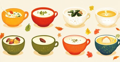 Autumn Vegetable Soups Set. AI generated illustration.