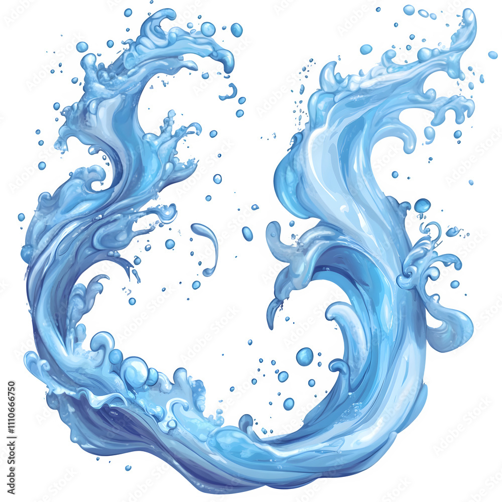 Poster Two dynamic water splashes curve gracefully, forming a frame with droplets on a transparent background