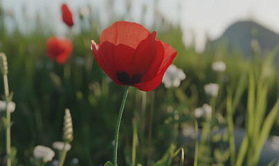 Obraz premium Vibrant red poppy flower in a field, soft focus background, summer sunlight.
