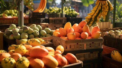 A photo of a farmers market stall with bins of ripe peach