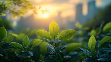 Illuminated Green Leaves Sunset Cityscape Background