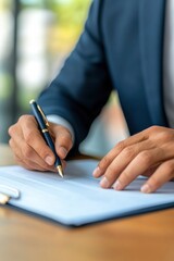 A man in a suit is writing with a pen on a piece of paper