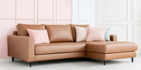 Photo of a brown leather corner sofa with colorful pillows in an elegant living room interior, pastel pink and beige wall art on the white walls.