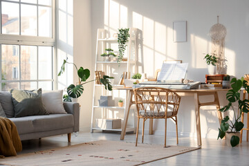 Interior of light living room with synthesizer, shelf unit and plants