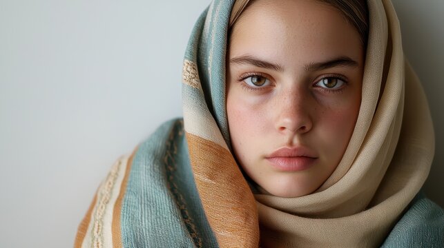 Young woman in a vibrant headscarf looking thoughtfully at the camera