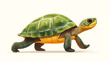Obraz premium Friendly&nbsp;cartoon turtle with detailed green shell pattern and yellow-brown underbelly, presented in side&nbsp;view walking pose with textured scales in&nbsp;children's book illustration&nbsp;style. 