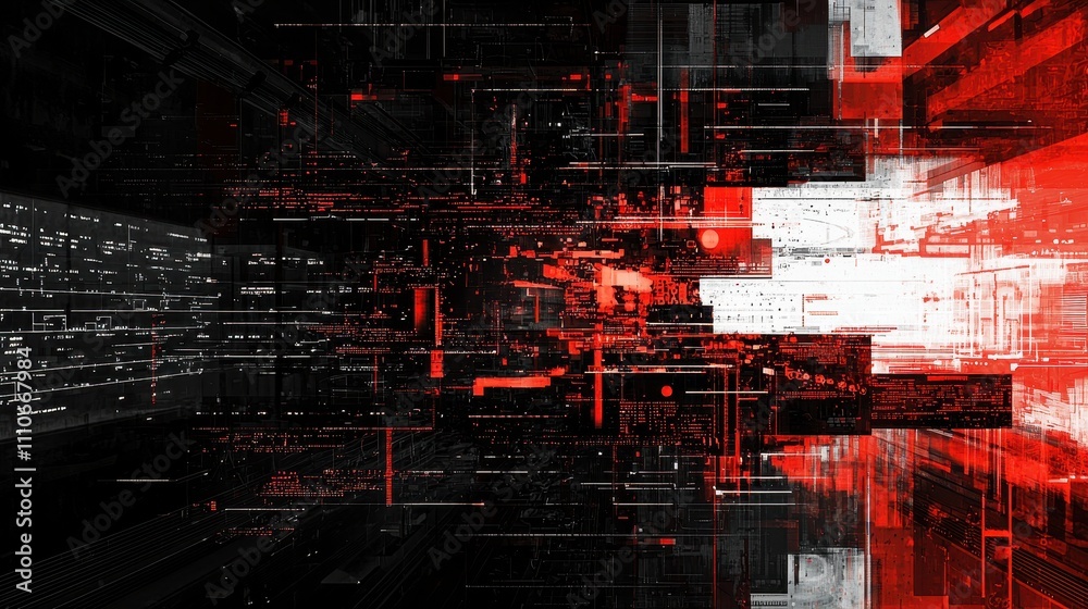Poster abstract representation of vulnerability in network systems with red and black visuals