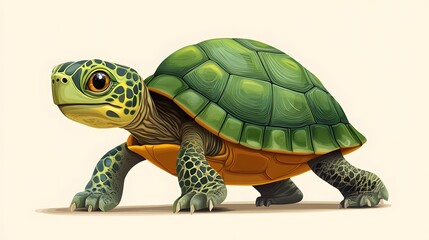Obraz premium Friendly&nbsp;cartoon turtle with detailed green shell pattern and yellow-brown underbelly, presented in side&nbsp;view walking pose with textured scales in&nbsp;children's book illustration&nbsp;style. 