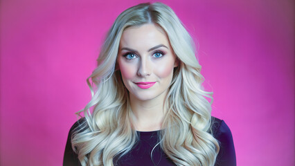 Naklejka premium Studio portrait of a woman with blonde curls against a vibrant pink backdrop.Close-up view of a woman with striking blue eyes and a soft, approachable expression.