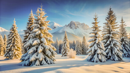 Naklejka premium Snowy pines stand tall against a backdrop of majestic mountains.Sunlight filters through the frosted branches, illuminating the snow-covered landscape.