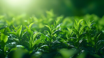 Naklejka premium Lush Green Tea Plants Basking In Sunlight