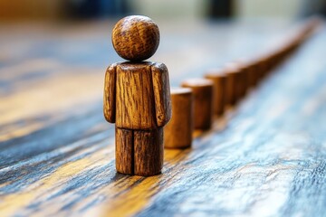 Wooden Figurine Standing Out in a Line of Minimized Wooden Blocks on a Rustic Wooden Surface in a Cozy Indoor Environment