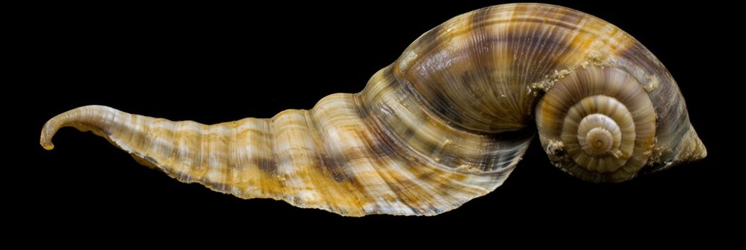 A detailed close-up of a spiral-patterned snail shell displaying natural textures and colors on a black background, showcasing the intricate beauty of nature.