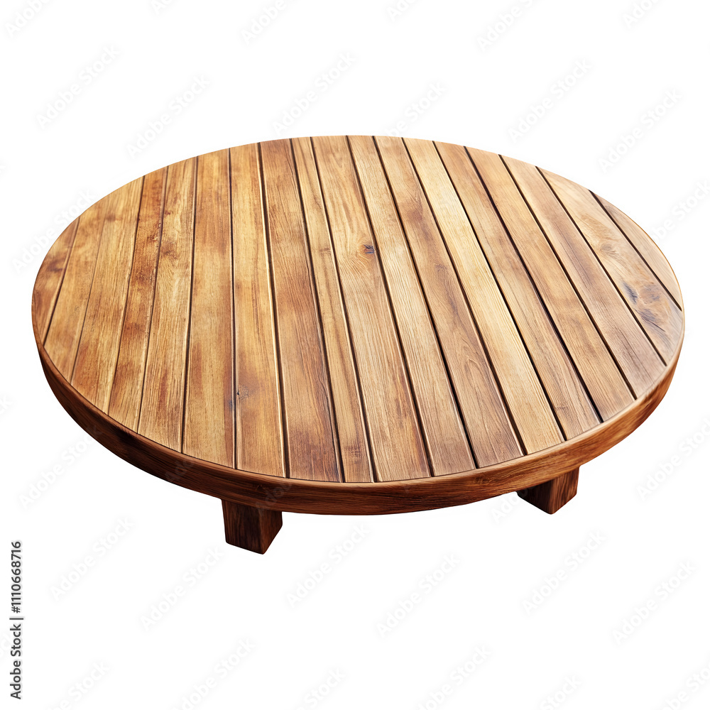 Poster empty round wooden table with parallel planks on transparent background, perfect for product placeme