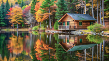 Tranquil cabin nestled beside a serene lake, its reflection mirroring the vibrant autumn foliage.Autumnal hues reflected perfectly in the still water, showcasing a charming wooden cabin.
