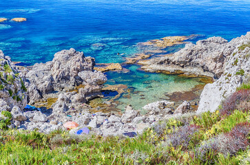 Panoramic view of a mediterranean beach in Milazzo, Sicily, Italy