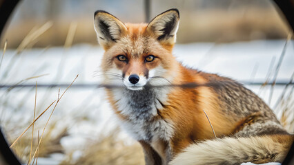 Fototapeta premium Winter's embrace, seen through an optical sight, reveals a fox's alert posture in a snowy landscape.A fox, whose fur blends into the winter landscape, is observed through a hunter's telescopic sight.