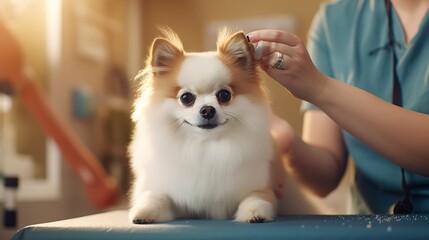 A photo of a groomer finishing a pets haircut.