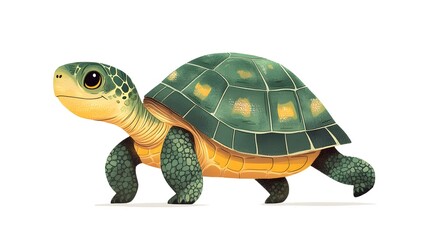 Obraz premium Friendly&nbsp;cartoon turtle with detailed green shell pattern and yellow-brown underbelly, presented in side&nbsp;view walking pose with textured scales in&nbsp;children's book illustration&nbsp;style. 