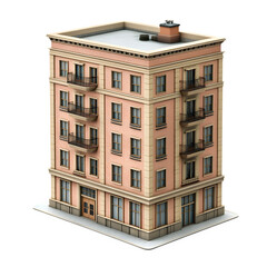 Pink residential building with balconies and windows in isometric render, ideal for architectural visualizations with a transparent background