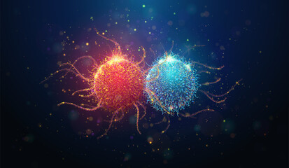 Abstract illustration of cancer cell near healthy cell made of glowing neon particles. Geometric background depicting oncology disease screening medical concept. Horizontal composition