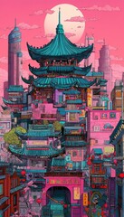 Fototapeta premium A vibrant urban depiction of a modern Chinese city with traditional elements