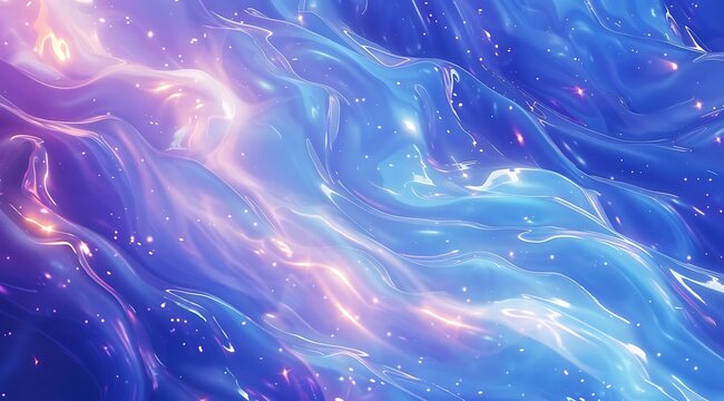Abstract blue and purple wavy background with glowing particles and light effects.