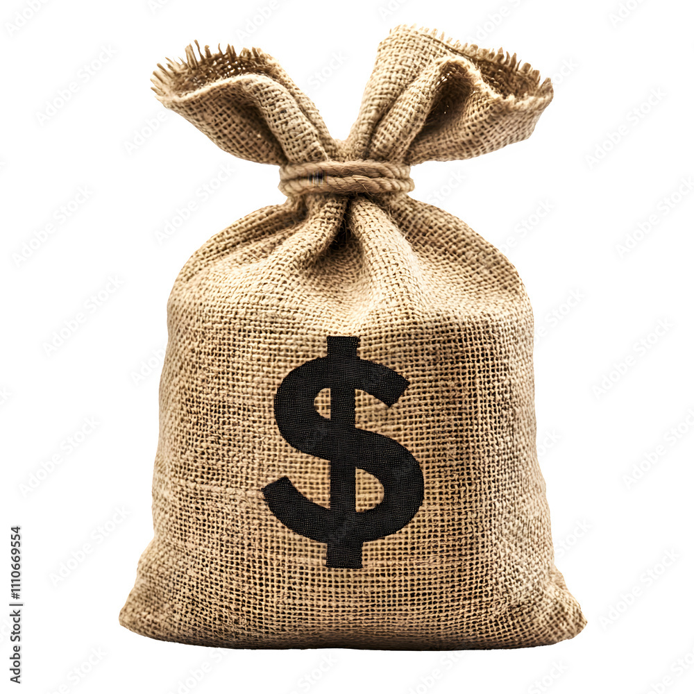 Aufkleber burlap money bag with rope tie and dollar sign, isolated on transparent background for versatile des