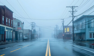 Obraz premium Deserted street scene on a foggy, rainy day. Empty buildings line the wet road, creating a somber, atmospheric mood.