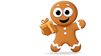 Obraz premium Cute cartoon illustration of a gingerbread man with big cheerful eyes, holding a small gift, isolated white background. 