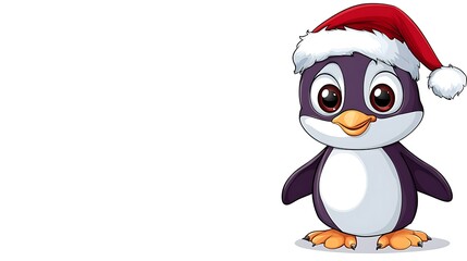 Fototapeta premium Cute cartoon illustration of a penguin with big shiny eyes wearing a Santa hat, isolated white background. 