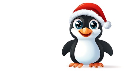 Fototapeta premium Cute cartoon illustration of a penguin with big shiny eyes wearing a Santa hat, isolated white background. 