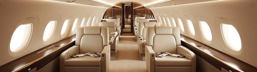 Premium private plane cabin with modern finishes and plush seating. Clean lines and soft lighting for an upscale in-flight experience.
