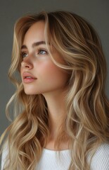 Naklejka premium Elegant blonde woman with wavy hair posing gracefully indoors