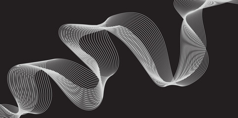 Modern multicolor wave of light is displayed on black background, Abstract wavy lines and neon glow on a black background, soundwave on a dark reflective surface.	