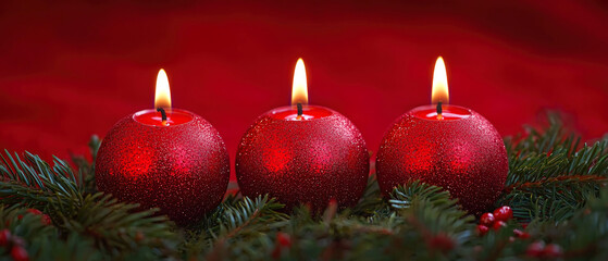 candles, candlelight, red, christmas ball, new year, xmas, fir, wax, flame, branches, sphere, decoration, ball, christmas, studio shot, greeting, tradition, isolated, merry, glass, season, decorative,