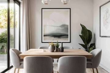 Modern Dining Room With Wooden Table And Grey Chairs