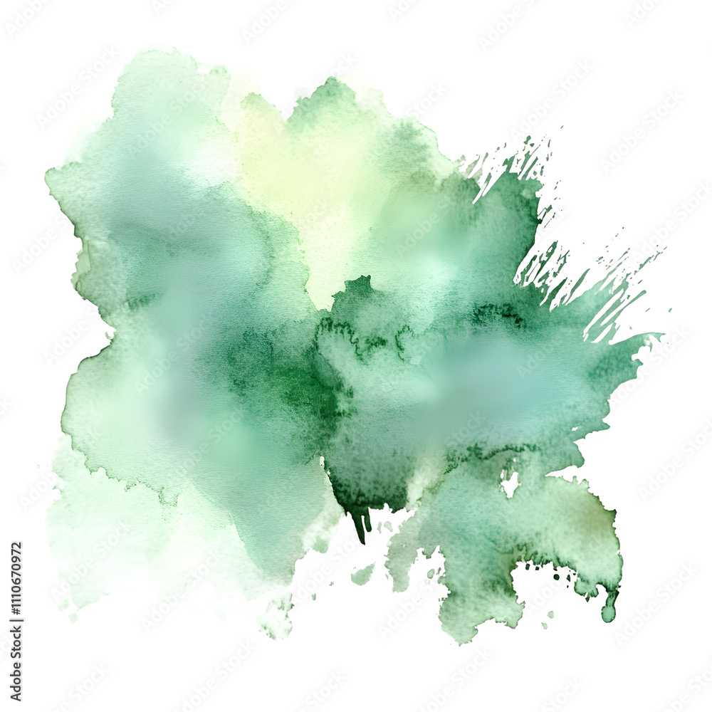 Poster Abstract and artistic design element created by splashing green watercolor stain on a transparent background