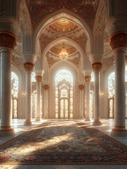 Fototapeta premium Grand Arched Hallway with Ornate Ceiling and Colorful Rug