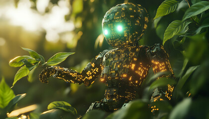 Fototapeta premium Futuristic robot interacts with nature, exploring the concept of AI in the environment.