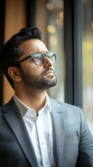 Fototapeta premium Pensive entrepreneur reflects on future business inspiration from urban office window