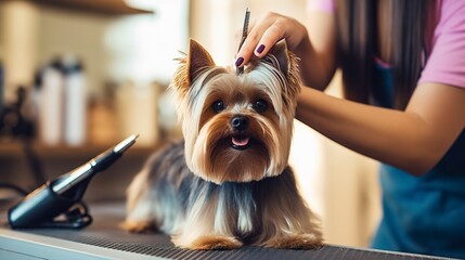 A photo of a groomer using a de-shedding tool