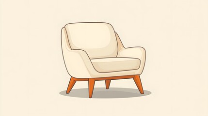 Mid-century modern white armchair&nbsp;with wooden legs and beige upholstery, illustrated in minimalist&nbsp;2D vector style with&nbsp;gentle shadows and clean architectural&nbsp;lines.
