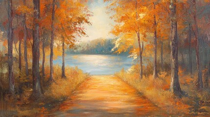 Fototapeta premium A golden autumn forest pathway, lined with trees in vibrant orange hues, leading to a tranquil lake under soft sunlight