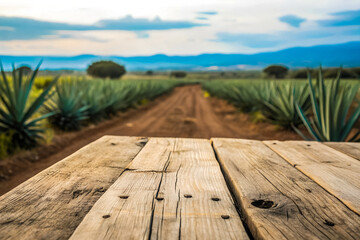 Close-Up of a Weathered Wooden Tabletop with a Lush Mexican Agave Farm in the Background – Earthy and Authentic