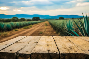 Close-Up of a Weathered Wooden Tabletop with a Lush Mexican Agave Farm in the Background – Earthy and Authentic